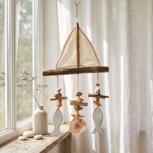 Artikel Maritimes Windspiel Segelschiff Fisch Holzdeko H56cm