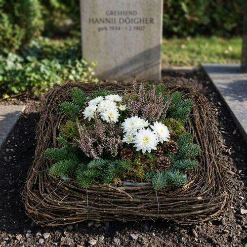 Artikel Deko Pflanzkissen Zweige Natur 40x40 cm - Ideal für Trauerfloristik und Grabgestecke, Natürliches Rattandesign