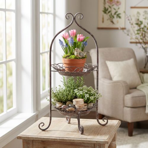 Etagere Metall 2-stöckig Braun Weiß Ø25,5cm 63,5cm | Floristik21.de