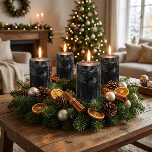 Artikel Durchgefärbte schwarze Stumpenkerzen 70×80mm 4er Set - Elegante Deko-Kerzen für Adventskranz & Halloween