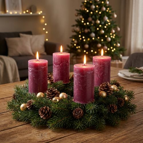 Artikel Durchgefärbte Stumpenkerzen Berry Lila 70x120mm 4er Set - Perfekt für Tischdeko & Festlichkeiten