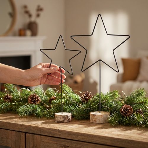 Große Stern-Dekorationen auf natürlichem Holzsockel – Schwarz, 60 cm – Elegante Raumdeko 30x10x60cm 2St | Floristik21.de