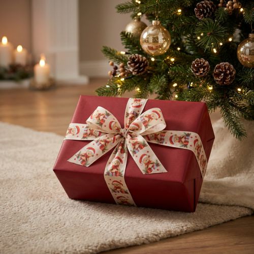 Artikel Stoff-Geschenkband mit Bärenmotiv und Weihnachtsdesign 40mm x 15m Creme Rot Grün