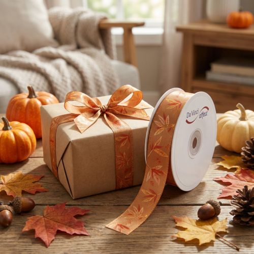 Artikel Geschenkband 25mm 18m Kunstseide Herbstfarben mit Blättermotiv