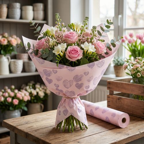 Artikel Manschettenpapier Rosa mit Herzmotiv für Floristen, 25 cm x 25 m, Nassfest