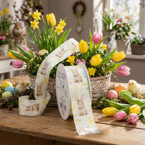 Artikel Geschenkband 15m mit Ostermotiv Häschen aus Polyester in Frühlingsfarben