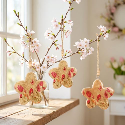 Artikel Holzanhänger Frühling Blumen Natur Pink Anhänger H9cm 4 St Deko