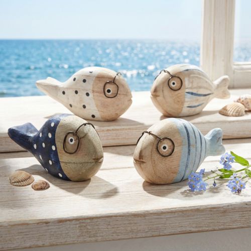 Artikel Deko Fisch mit Brille Holz Maritim Weiß Blau 11–13cm 4 Stk