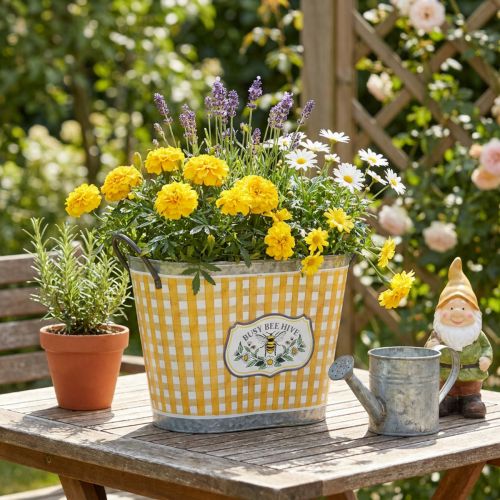 Pflanzkübel oval Biene kariert Sommerdeko Übertopf 38×24×29cm | Floristik21.de