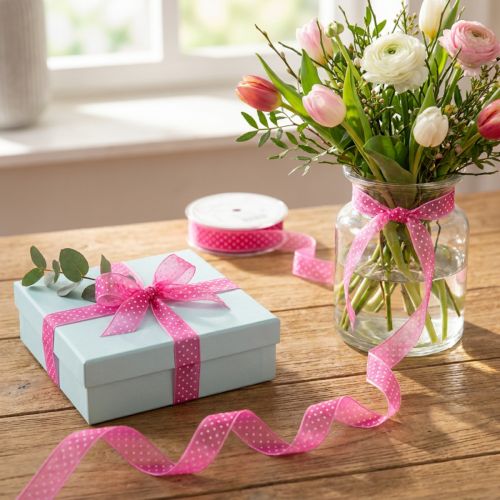 Artikel Rosa Geschenkband mit Punktemuster 2,5 cm x 20 m für kreative Deko und Geschenkverpackungen