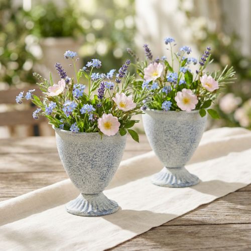 Mini Pokal Vase Kelch Metall Weiß Blau Vintage Dekoration 11,5cm 2er Set | Floristik21.de