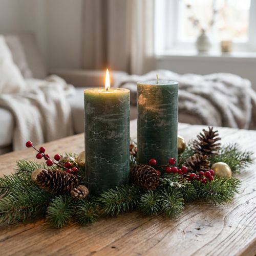 2er Set Stumpen Kerzen Dunkelgrün 85x200mm – Elegante, langlebige Deko-Kerzen für stimmungsvolles Ambiente | Floristik21.de