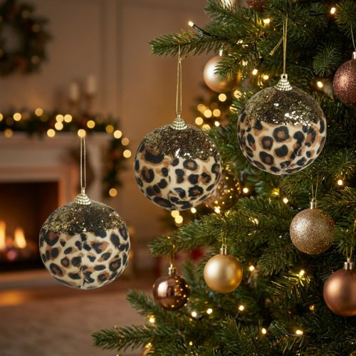 Artikel Weihnachtskugel Kunststoff Leopard Muster Gold Glitzer 7cm 3er Set