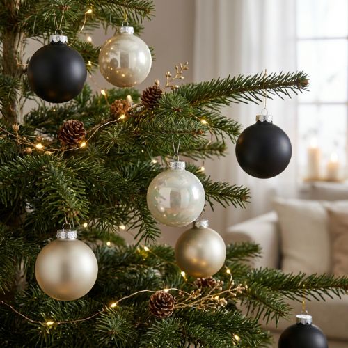 Artikel Baumkugel, Christbaumschmuck, Weihnachtskugel Schwarz/Silbern/Perlmutt H8,5cm Ø7,5cm Echtglas 12St