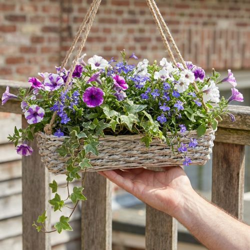 Artikel Korb zum Hängen, Blumenampel, Pflanzgefäß geflochten Naturfarben, Weiß gewaschen L43,5cm