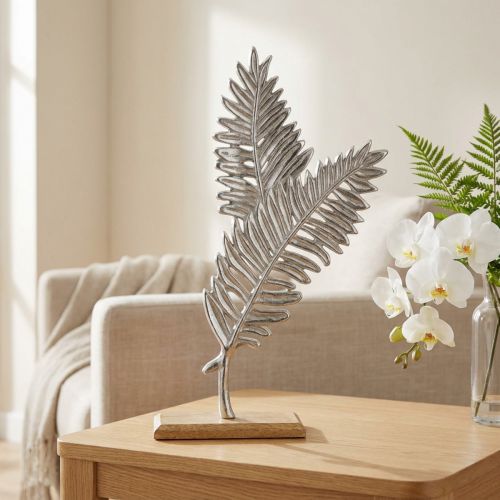 Artikel Tischdeko Metall Deko Farn Silber Holz H54cm B37cm
