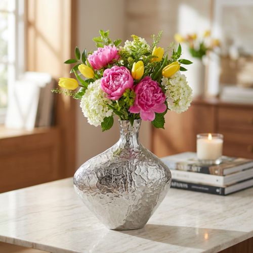 Deko Vase Metall Gehämmert Blumenvase Silber 24x8x27cm | Floristik21.de