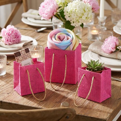 Artikel Geschenktüten mit Henkeln Papier Pink Gelb Grün Textil Optik 10,5cm 12St
