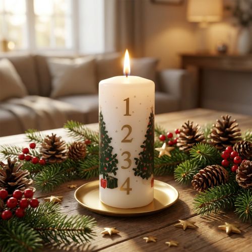 Artikel Adventskalenderkerze Weihnachten Stumpenkerze Weiß 150/65mm mit Zahlen und Christbaum