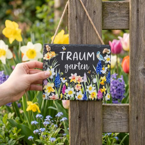 Artikel Gartenschild Schiefer 15 cm Blumenmotiv Traumgarten mehrfarbig mit Juteband