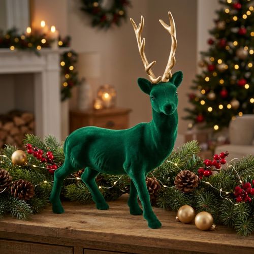 Deko Hirsch stehend Grün Gold Dekofigur Weihnachten 40cm | Floristik21.de