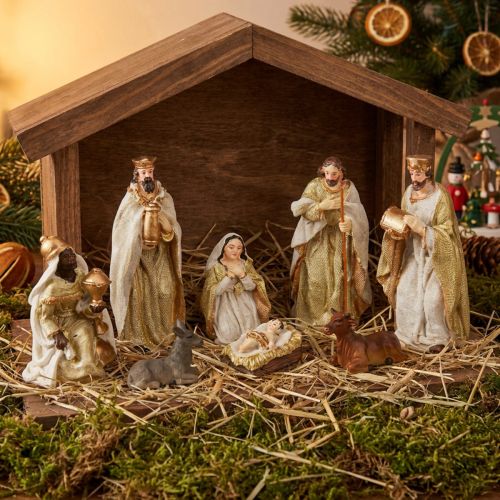Krippenfiguren Set 8 Figuren Creme Gold Handbemalt 6-12,5cm | Floristik21.de