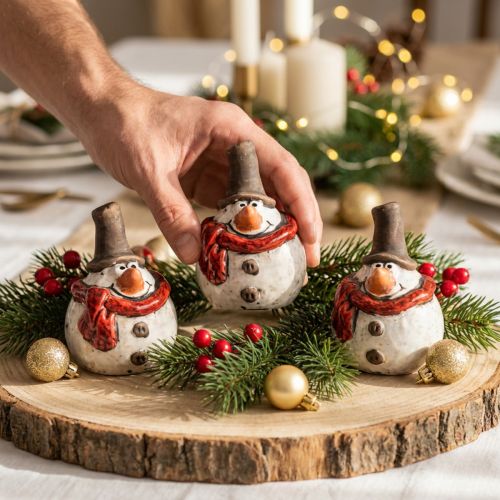 Artikel Keramik Schneemann Figur, Weiß, 6,9cm – Winterliche Weihnachtsdeko – 6 St
