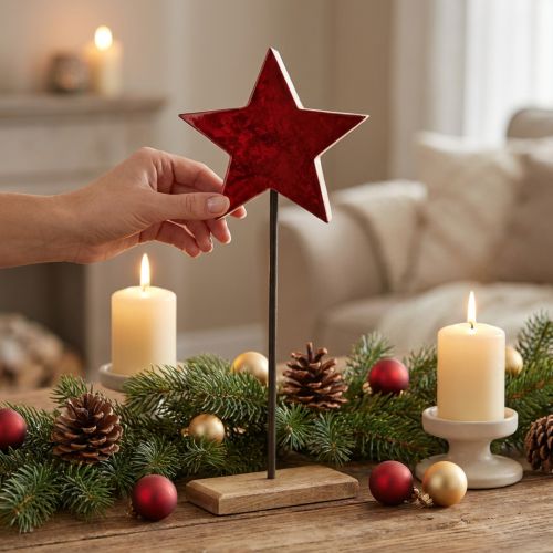 Artikel Stern Deko Natur Rot auf Sockel, festliche Tischdeko, weihnachtlicher Schmuck 20x9,5x50cm