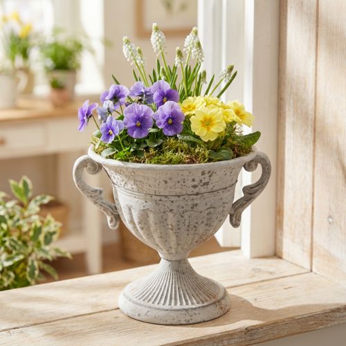 Antik Metall Pokal mit Henkeln Deko Vintage Grau Weiß 18cm | Floristik21.de