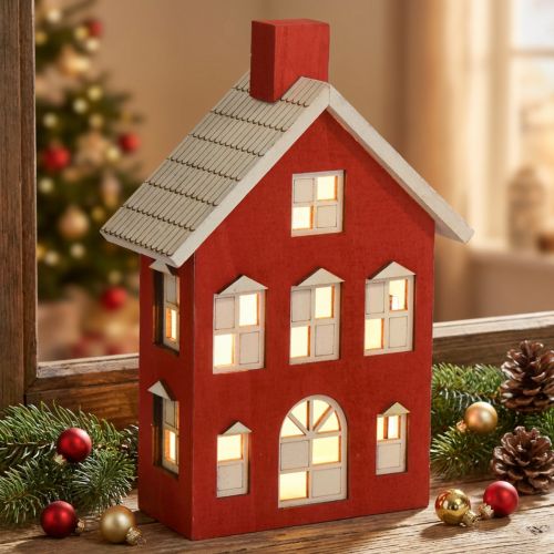 Artikel Holzhaus Deko Lichthaus Rotweiß Batteriebetrieben H19,5cm