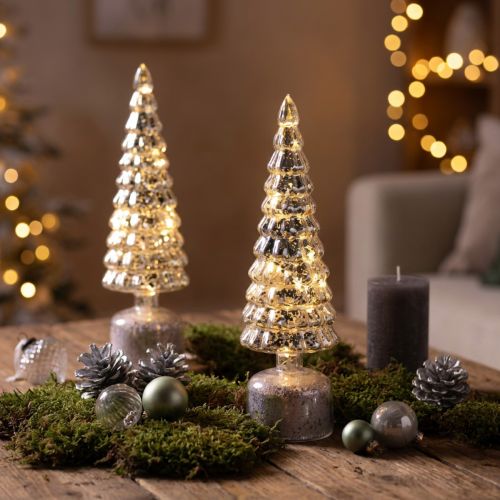 Artikel LED Weihnachtsbaum Set drehend grün und silber mit Vintage-Optik H34cm
