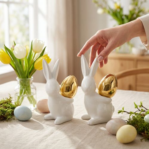 Artikel Hasen mit Goldei, Keramikhasen für Ostern edel Weiß, Golden H13cm 2St