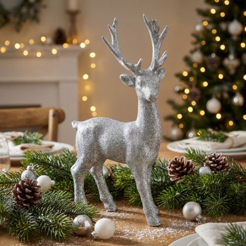 Dekofigur Hirsch Silber Glitter 25cm x 12cm | Floristik21.de