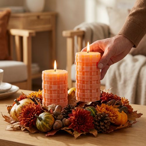 Artikel Rustic Stumpenkerzen Orange mit Korbmuster 110/65 – 2er-Set Premium Wachskerzen, selbstverlöschend