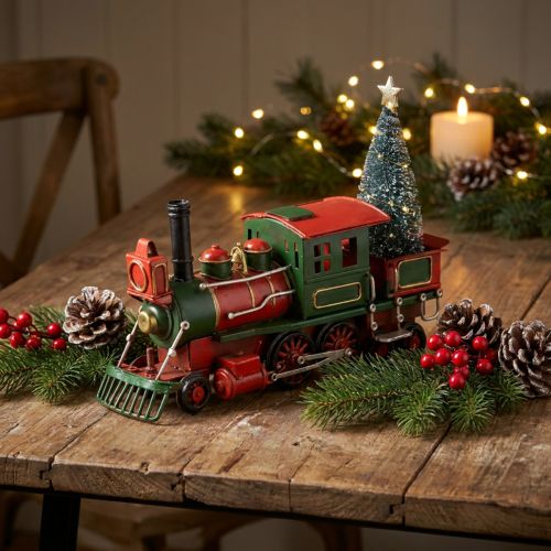 Weihnachtsdeko Zug Metall Rot-Grün 20cm Vintage-Look