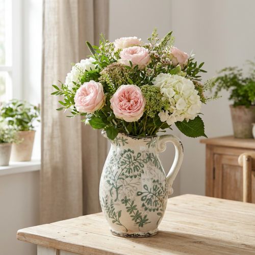 Artikel Krug aus Keramik 22 cm Weiß Grün mit floralem Muster für Dekoration