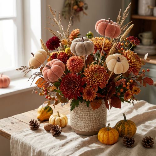 Artikel Herbstliche Stoffkürbisse am Stab Deko-Set in Gelb Braun Orange 7cm 9St