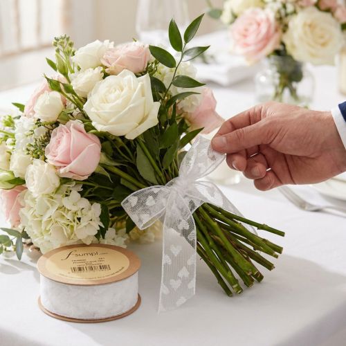 Artikel Geschenkband Herzen Netzband Weiß Glitter 40mm 10m für floristische Dekorationen