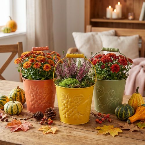 Artikel Deko-Eimer Früchte Gelb, Orange, Grün gewaschen Ø15cm H14cm 3er-Set