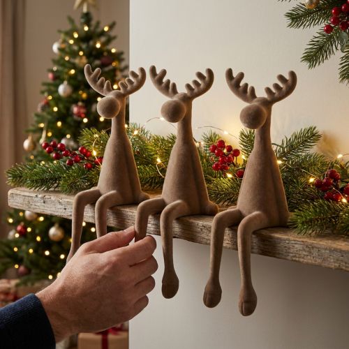 Kantenhocker Elch Braun beflockt 31cm Weihnachtsdekoration 3er Set | Floristik21.de