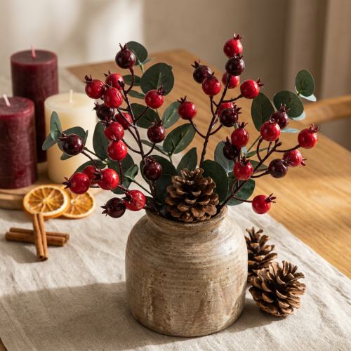 Artikel Kunstzweig Granatapfel, 19 cm, rot, 4 Stück, mit verzweigten Stielen