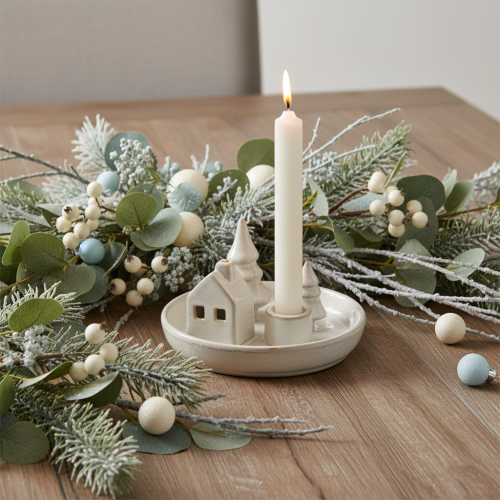 Deko-Kerzenhalter Keramik 16 cm rund mit Haus- und Baum-Motiv grauweiß | Floristik21.de