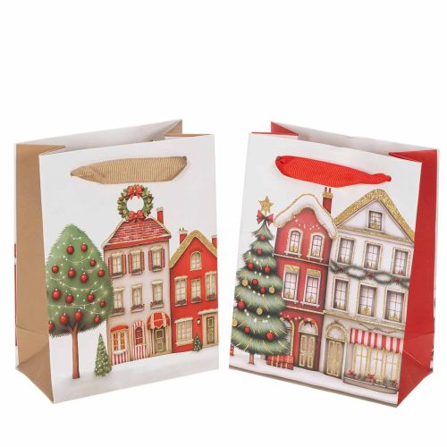 Weihnachtliche Geschenktüten mit Häusern und Tannenbaum, weiß, 12 x 6 x 16 cm, 2 Stück