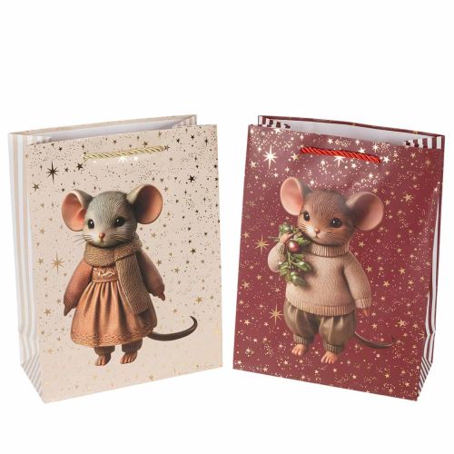 Weihnachtsgeschenktüten mit Mausmotiv und Sternen, 18 × 8 × 24 cm, 2 Stück sortiert