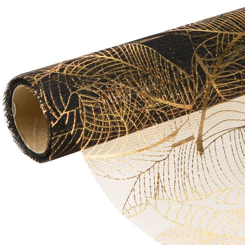 Floristik21 Organza Tischläufer Schwarz-Gold Dekostoff Eleganz Blättermuster 48x450cm