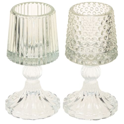 Elegante Glas-Teelichthalter mit Fuß im 2er-Set – dekorative Punkte & Rillen, Höhe 15 cm
