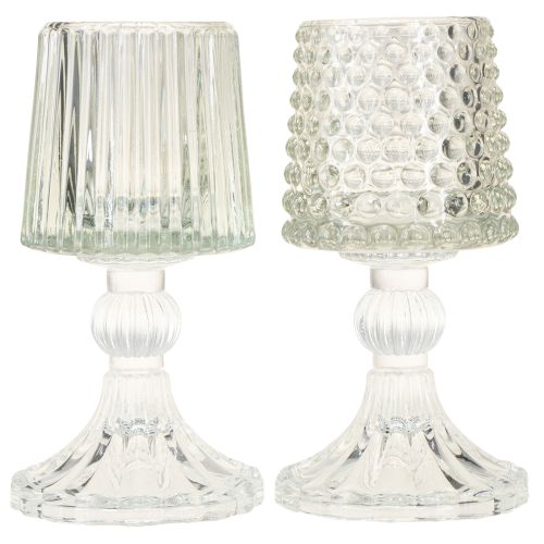 Artikel Elegante Glas-Teelichthalter mit Fuß im 2er-Set – dekorative Punkte & Rillen, Höhe 15 cm