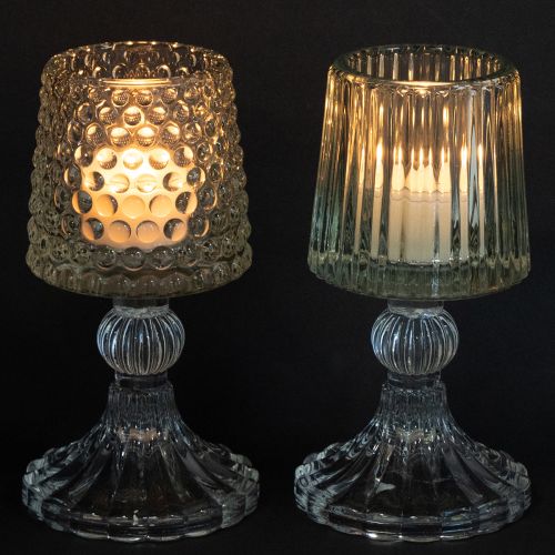 Artikel Elegante Glas-Teelichthalter mit Fuß im 2er-Set – dekorative Punkte & Rillen, Höhe 15 cm