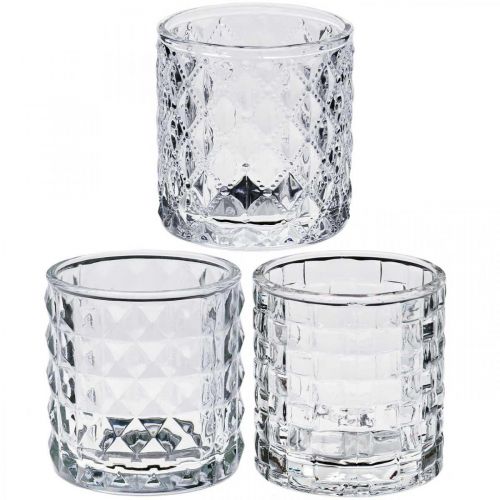Glas-Windlicht Mustermix, Kerzendeko, Deko-Gefäß aus Glas, Tischdeko 3St im Set Glas-Windlicht Mustermix, Kerzendeko, Deko-Gefäß aus Glas, Tischdeko 3St im Set