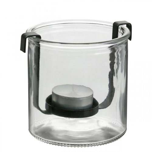 Floristik21 Windlicht Glas mit Teelichthalter Schwarz Metall Ø9×H10cm